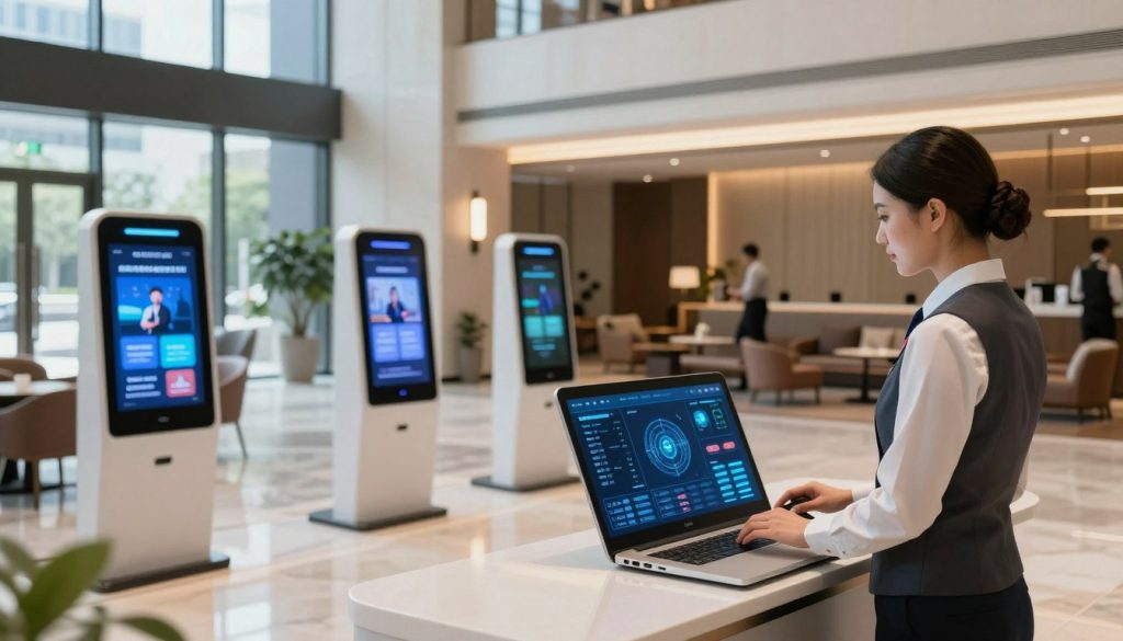 A modern hotel lobby infused with technology, showcasing sophisticated AI and data analytics solutions. In the foreground, a sleek digital interface displays real-time data insights and occupancy analytics, accompanied by a professional staff member in business attire optimizing the system. The middle ground features futuristic kiosks and interactive displays that guests can use to access personalized services. The background reveals a stylish lounge area with modern decor and ambient lighting. A glass wall allows natural light to flood the space, creating an inviting atmosphere. The scene should convey a sense of innovation and efficiency, with a bright and optimistic mood, focusing on the integration of technology in enhancing guest experiences and driving profitability. A modern hotel lobby infused with technology, showcasing sophisticated AI and data analytics solutions. In the foreground, a sleek digital interface displays real-time data insights and occupancy analytics, accompanied by a professional staff member in business attire optimizing the system. The middle ground features futuristic kiosks and interactive displays that guests can use to access personalized services. The background reveals a stylish lounge area with modern decor and ambient lighting. A glass wall allows natural light to flood the space, creating an inviting atmosphere. The scene should convey a sense of innovation and efficiency, with a bright and optimistic mood, focusing on the integration of technology in enhancing guest experiences and driving profitability.