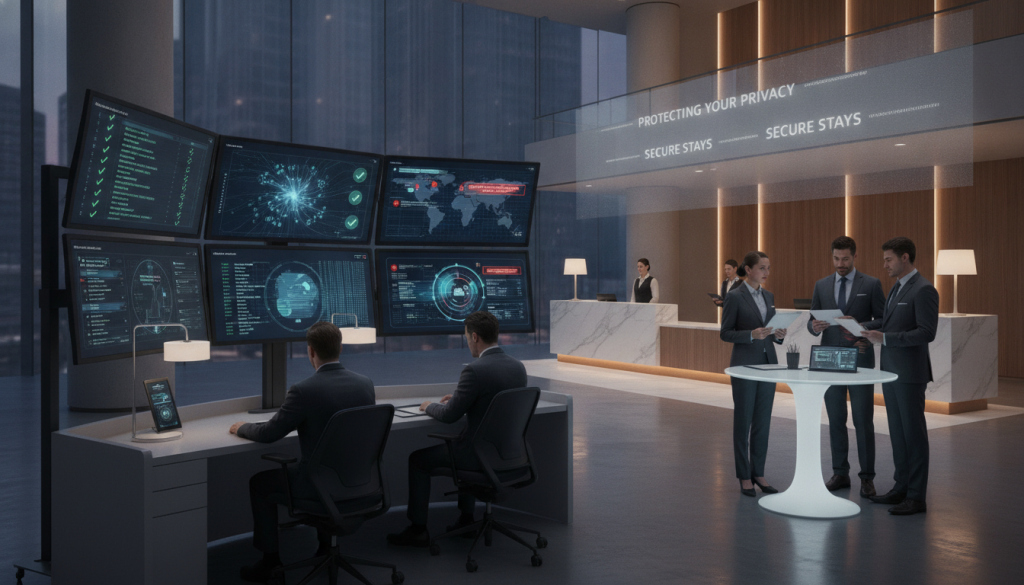 A modern hotel lobby showcasing a sleek cybersecurity command center in the foreground, with multiple screens displaying compliance regulations, data encryption visuals, and security alerts. In the middle ground, hotel staff in professional business attire are engaged in a discussion, attentively reviewing compliance documents and data security checks. The background features a stylish reception desk and a digital information board highlighting security protocols, all under soft, ambient lighting. The atmosphere conveys professionalism and vigilance, emphasizing the critical importance of protecting customer data in the hospitality industry. Use a wide-angle lens to capture the depth of the scene, ensuring a clear focus on both the command center and the interactions between staff.