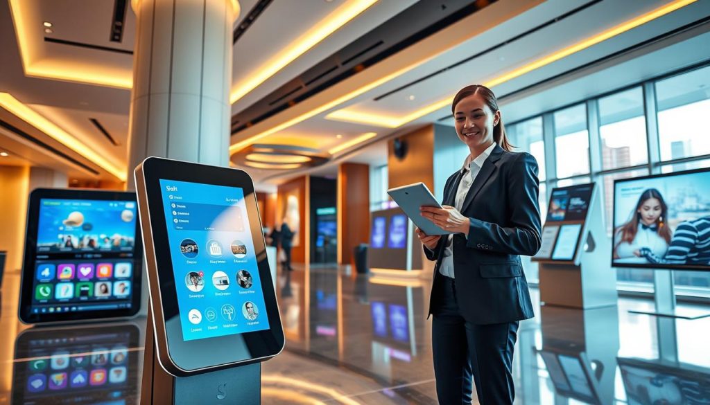 A modern hotel lobby showcasing advanced "smart hotel technology." In the foreground, a sleek digital kiosk displays interactive hotel services, while a friendly staff member in professional attire assists guests using a tablet. The middle ground features seamless check-in screens and automated room assignment panels, emphasizing efficiency. The background showcases futuristic design elements, with smart lighting accentuating a welcoming atmosphere. Large windows provide natural light, reflecting a vibrant cityscape outside. The overall mood is innovative and inviting, illustrating a blend of technology and hospitality, captured with a wide-angle lens to encompass the entire scene. The lighting is bright yet warm, enhancing the modern aesthetic.