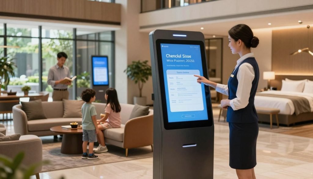 A modern hotel lobby showcasing cutting-edge hospitality technology, prominently featuring an interactive digital kiosk where guests can check in and customize their room preferences. In the foreground, a professional staff member in smart business attire engages with a family, demonstrating personalized services. The middle ground features sleek furniture with a contemporary design and digital screens displaying personalized offers. The background shows large windows allowing natural light to flood in, highlighting lush greenery outside. The lighting is warm and inviting, creating a welcoming atmosphere. The overall mood is one of comfort and innovation, emphasizing the enhanced guest experience through personalization.
