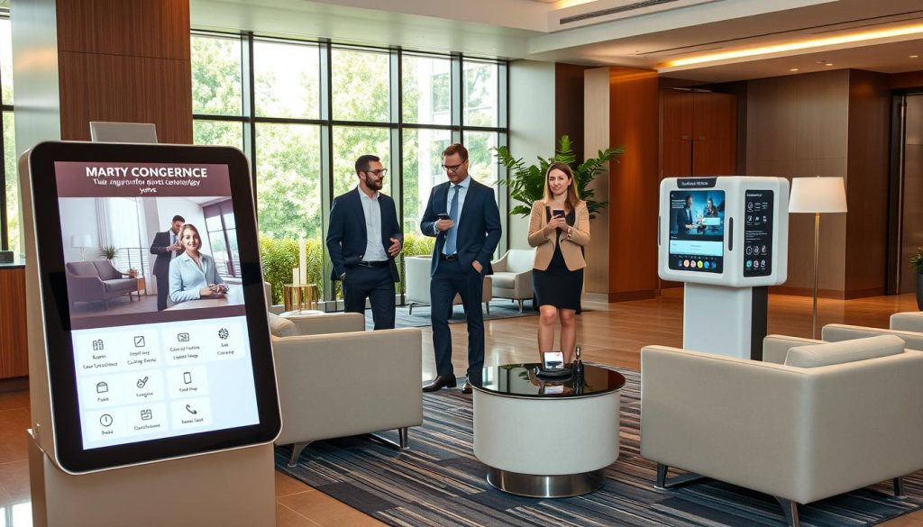 A modern hotel lobby showcasing innovative smart technology elements that enhance guest engagement. In the foreground, a sleek digital concierge kiosk with a touch screen interface displays room booking options and local attractions. In the middle ground, a couple of guests interact with a virtual reality information station, wearing professional business attire. Luxurious lounge furniture surrounds them, featuring charging ports and smart device integration. In the background, large windows let in natural light, revealing a well-designed outdoor view with greenery. The atmosphere is warm and welcoming, with ambient lighting creating a sophisticated feel. The scene is dynamically captured from a slightly elevated angle, emphasizing the integration of technology in a contemporary hotel environment.