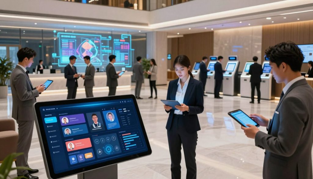 A modern, interconnected hospitality ecosystem illustrated through a digitally rendered view. In the foreground, a sleek, interactive touchscreen interface displays a dynamic dashboard featuring various hospitality services like booking, customer service, and feedback channels. In the middle ground, diverse professionals in business attire engage with digital tablets and smartphones, discussing strategies and data insights, symbolizing teamwork and collaboration. The background showcases a futuristic hotel lobby with holographic advertisements and automated check-in kiosks, bathed in soft, ambient lighting. Utilize a wide-angle lens for an expansive view, capturing the synergy and innovation within the space. The atmosphere is vibrant and energetic, underscoring the theme of digital transformation in hospitality, with an emphasis on connectivity and advanced technology.
