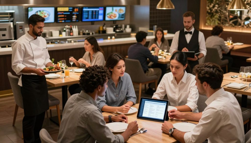 A modern, interconnected restaurant environment showcasing integrated hospitality systems. In the foreground, a diverse group of four professionals, including a chef, a waiter, a manager, and a tech specialist, are engaged in a collaborative discussion around a sleek tablet displaying a restaurant workflow application. In the middle ground, strategically placed tables with diners enjoying their meals illustrate smooth service. The background features a vibrant kitchen, equipment seamlessly connected through digital screens portraying real-time data. Soft, warm lighting illuminates the scene, creating an inviting atmosphere. The angle is slightly overhead, giving a panoramic view of the dynamic ecosystem. The mood is focused and innovative, reflecting the efficiency and integration of modern hospitality technology in the Australian restaurant industry.