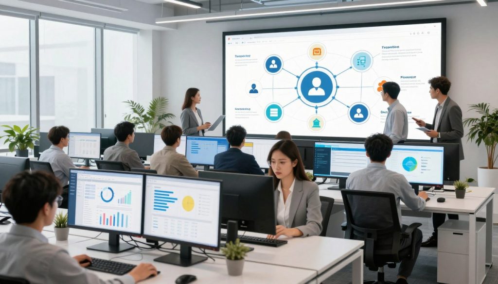 A modern office environment featuring interconnected business systems. In the foreground, a sleek digital workstation displays various software interface designs, including graphs and dashboards. The middle layer showcases a team of diverse professionals, dressed in business attire, collaborating around a large screen displaying a dynamic network of interconnected icons representing hospitality management tools like booking, customer relationship management, and payment systems. The background consists of a bright, contemporary office space with large windows allowing natural light to flood in, enhancing the sense of innovation and teamwork. The atmosphere is energetic and professional, emphasizing collaboration and cutting-edge technology. Use a wide-angle lens perspective to capture the entirety of the setting and convey a feeling of openness and connectivity.