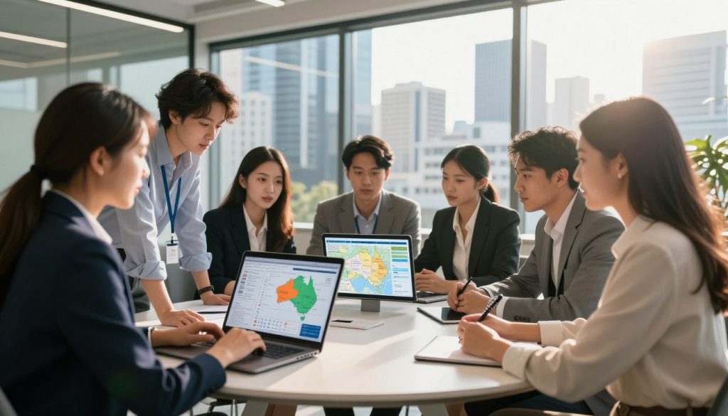 A modern office environment showcasing a diverse group of professionals engaged in collaborative discussions about multi-location management. In the foreground, a woman in business attire is using a laptop, analyzing data visualizations on the screen. The middle features a round table with a mix of male and female colleagues, all dressed in professional attire, looking at a digital map on a tablet that highlights multiple locations across Australia. In the background, large windows reveal a bustling city skyline, bathed in warm natural light, creating a vibrant atmosphere. Soft shadows enhance the sense of depth, while a slight lens flare adds a touch of dynamism. The mood is focused and collaborative, reflecting the innovative spirit of hospitality operators.