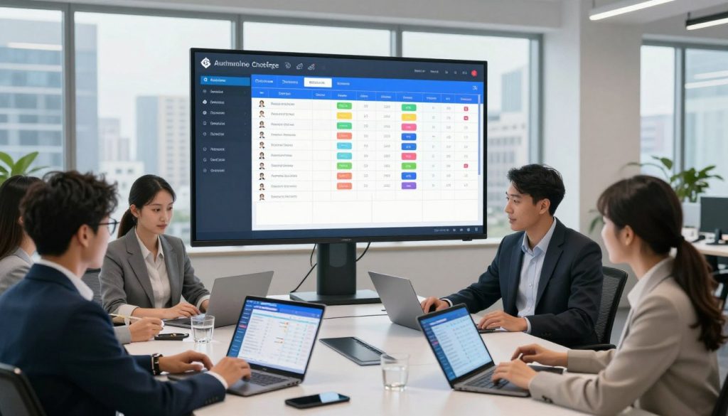 A modern office environment showcasing an advanced automated staff scheduling system. In the foreground, a diverse group of professional individuals, dressed in business attire, are collaboratively interacting with sleek digital devices, such as tablets and laptops. The middle ground features a large touchscreen display illustrating colorful scheduling charts and employee assignments, highlighting real-time updates and analytics. In the background, large windows reveal a bustling cityscape, bathed in natural light, creating an energetic atmosphere. The scene is well-lit with soft, diffused lighting for a professional feel, and the camera angle is slightly elevated to capture the dynamics of teamwork and productivity. Overall, the image conveys a sense of efficiency and innovation in hospitality operations.