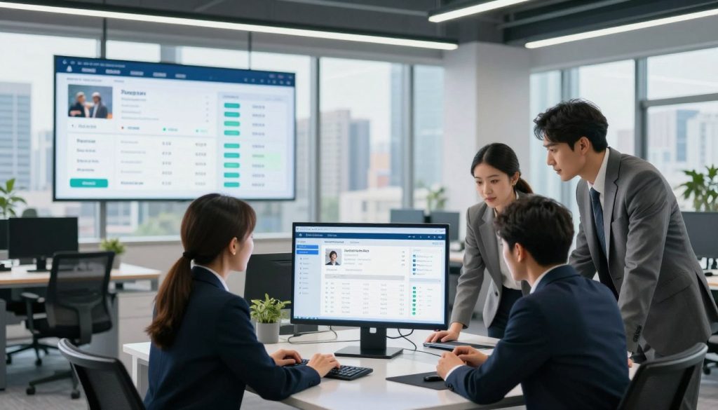 A modern office environment showcasing hospitality management software in action. In the foreground, a diverse group of three professionals in business attire collaborate around a sleek, high-tech table, analyzing data on a large touchscreen interface. The middle layer features a well-organized environment with digital displays showing statistics, room availability, and customer feedback, enhancing the sense of efficiency. The background includes large windows revealing a vibrant cityscape, symbolizing growth and opportunity in the hospitality industry. Soft, natural lighting filters through the windows, creating an optimistic and welcoming atmosphere. The image captures the essence of innovation and teamwork, emphasizing the core benefits of utilizing hospitality management software. A modern office environment showcasing hospitality management software in action. In the foreground, a diverse group of three professionals in business attire collaborate around a sleek, high-tech table, analyzing data on a large touchscreen interface. The middle layer features a well-organized environment with digital displays showing statistics, room availability, and customer feedback, enhancing the sense of efficiency. The background includes large windows revealing a vibrant cityscape, symbolizing growth and opportunity in the hospitality industry. Soft, natural lighting filters through the windows, creating an optimistic and welcoming atmosphere. The image captures the essence of innovation and teamwork, emphasizing the core benefits of utilizing hospitality management software.