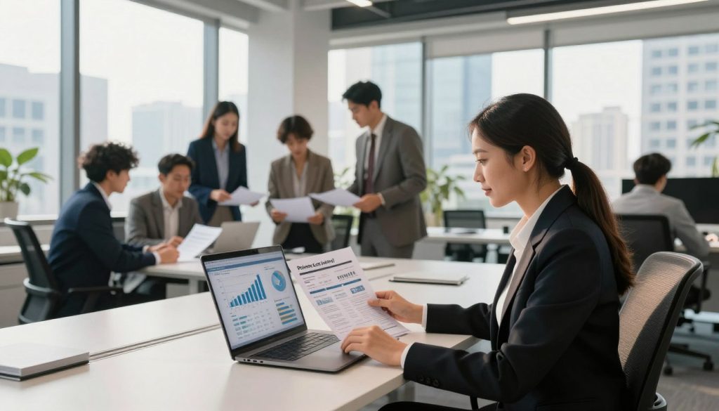 A modern office setting illustrating prime cost control in the hospitality industry. In the foreground, a confident businesswoman in professional attire sits at a sleek desk, analyzing financial reports on a laptop, with graphs and charts displayed on the screen. In the middle ground, a diverse group of business professionals, also dressed in professional clothing, collaborates over documents and spreadsheets, engaged in discussion. The background features large windows with a view of a bustling cityscape, bathed in warm, natural light streaming in, highlighting a productive atmosphere. Use a wide-angle lens to capture the spaciousness of the office. The overall mood is focused and optimistic, conveying a sense of financial resilience and profitability.