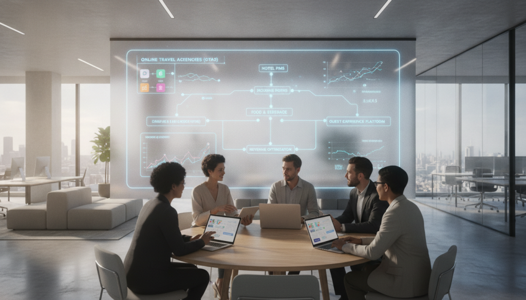 A modern office space depicting a vibrant, collaborative environment focused on hospitality software integrations. In the foreground, a diverse group of professionals in business attire discuss and interact over digital tablets and laptops, showcasing various software applications. The middle layer features a large screen displaying dynamic graphs and integration workflows, symbolizing seamless connectivity. In the background, sleek furniture and glass walls suggest an innovative workspace filled with natural light, creating an inviting atmosphere. The lighting is bright and warm, enhancing the sense of collaboration and efficiency. Use a wide-angle perspective to capture the entire scene, emphasizing the interconnectedness of systems in the hospitality industry, radiating a mood of productivity and teamwork.