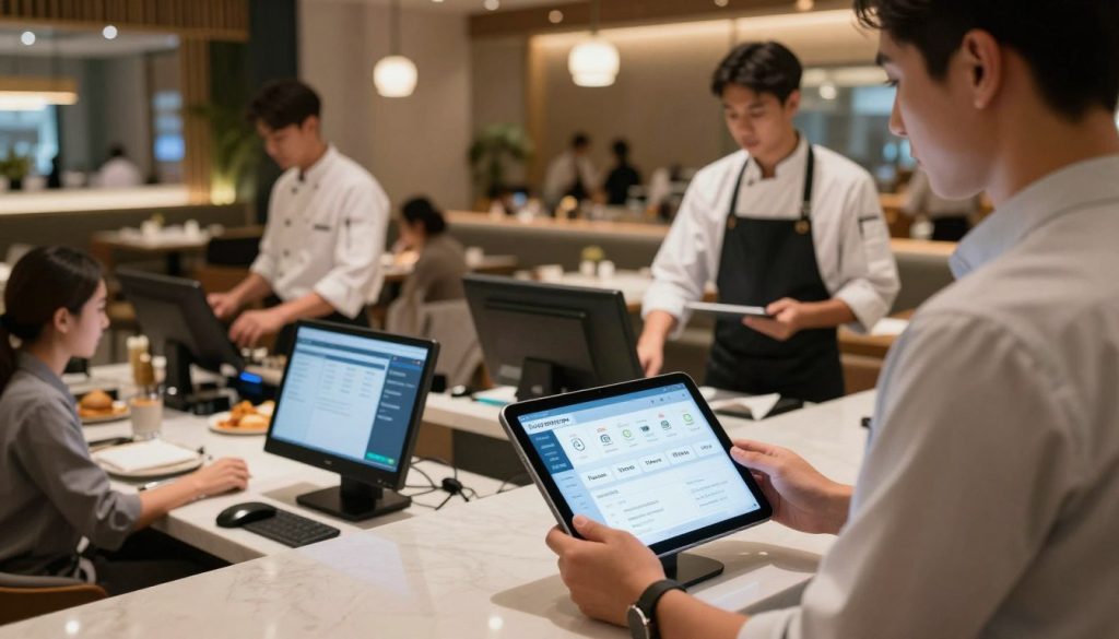 A modern restaurant environment that showcases integrated hospitality systems in action. In the foreground, a professional-looking restaurant manager interacts with a sleek digital tablet displaying various software tools related to hospitality management. In the middle, a strategic layout of bustling restaurant staff, including a chef and server, efficiently using point-of-sale systems and kitchen display screens, illustrating streamlined communication. In the background, soft ambient lighting highlights a contemporary restaurant setting with stylish decor, creating a warm and inviting atmosphere. The composition is captured from a slightly elevated angle, emphasizing the interconnectedness of the systems at work, with a focus on movement and collaboration. The overall mood is dynamic and innovative, reflecting the core components of the Hospoware ecosystem in action.