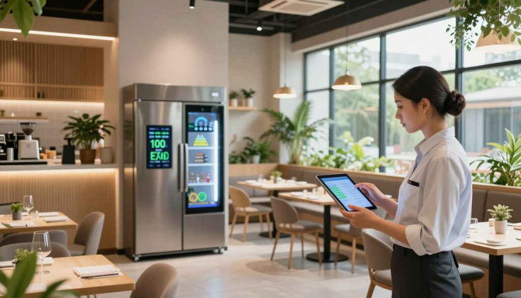 A modern restaurant interior demonstrating energy efficiency and sustainability. In the foreground, a professional staff member in business attire checks an energy management system on a tablet. The middle ground features energy-efficient appliances, like a smart refrigerator and LED lighting fixtures, showcasing a blend of technology and comfort. In the background, large windows flood the space with natural light, emphasizing the use of sustainable materials and greenery with potted plants. The atmosphere is bright and inviting, reflecting a commitment to eco-friendly practices. Soft, warm lighting enhances the inviting feel, while a wide-angle lens captures the dynamics of the space, highlighting the harmony between technology and hospitality.