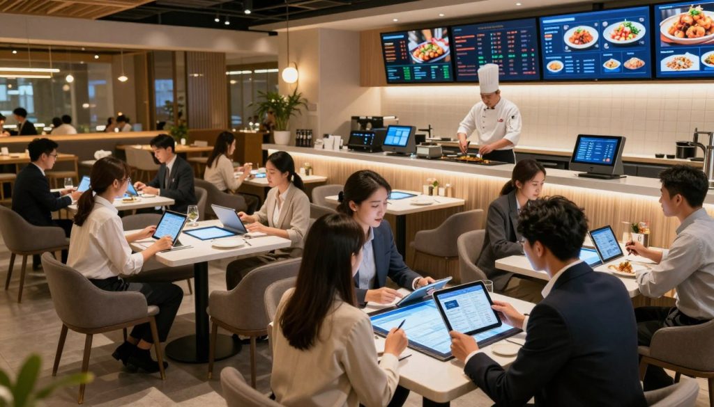 A modern restaurant interior showcasing advanced hospitality technology. In the foreground, a diverse group of professionals in business attire discusses data on a tablet, surrounded by digital screens displaying restaurant performance metrics and analytics. The middle ground features sleek tables with integrated touch interfaces, and customers enjoying their meals with digital menus on tablets. In the background, a chef is visible working with a smart cooking system, demonstrating efficiency. Bright, warm lighting creates an inviting atmosphere, while a wide-angle lens captures the vibrant dynamics of the bustling restaurant environment. The focus is on collaboration and innovation in the hospitality industry, conveying a sense of action and growth-oriented energy.