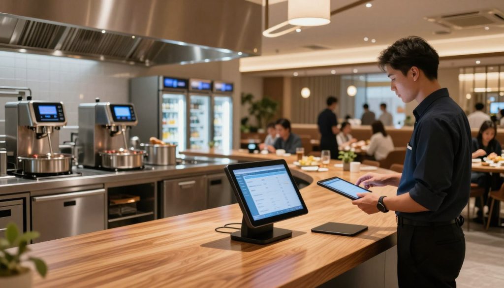 A modern restaurant interior showcasing advanced technology for operational efficiency. In the foreground, a sleek touchscreen ordering system displayed on a polished wooden table, with a server in professional attire, interacting with a tablet. The middle ground features an open kitchen with automated cooking devices and smart refrigerators, equipped with digital screens showing inventory data. The background includes a spacious dining area with energy-efficient lighting creating a warm ambiance, where diners enjoy a seamless experience aided by technology. The scene conveys a bustling yet organized atmosphere, highlighting innovation in the hospitality industry. Use soft, natural lighting and a wide-angle lens to capture the depth and flow of the environment, emphasizing the harmonious integration of technology in restaurant operations.