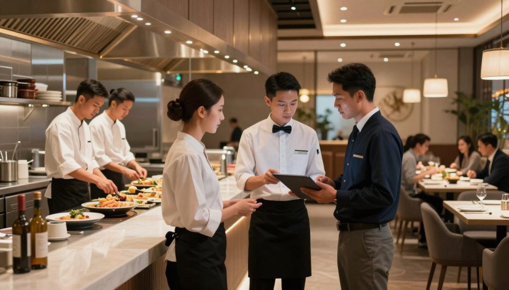 A modern restaurant interior showcasing operational efficiency. In the foreground, a diverse team of two professional staff members, a server and a manager, are engaged in a digital tablet exchange, both dressed in smart casual uniforms. The middle ground features a stylish open kitchen with chefs preparing food with high-tech kitchen equipment, emphasizing streamlined workflow. In the background, a well-organized dining area with neatly arranged tables and customers enjoying their meals, showcasing a vibrant yet efficient atmosphere. Soft, warm lighting illuminates the scene, creating an inviting mood, while professional-grade angles capture the harmonious blend of technology and hospitality. The overall composition reflects a well-coordinated service without distractions, embodying the essence of operational excellence in restaurant management. A modern restaurant interior showcasing operational efficiency. In the foreground, a diverse team of two professional staff members, a server and a manager, are engaged in a digital tablet exchange, both dressed in smart casual uniforms. The middle ground features a stylish open kitchen with chefs preparing food with high-tech kitchen equipment, emphasizing streamlined workflow. In the background, a well-organized dining area with neatly arranged tables and customers enjoying their meals, showcasing a vibrant yet efficient atmosphere. Soft, warm lighting illuminates the scene, creating an inviting mood, while professional-grade angles capture the harmonious blend of technology and hospitality. The overall composition reflects a well-coordinated service without distractions, embodying the essence of operational excellence in restaurant management.