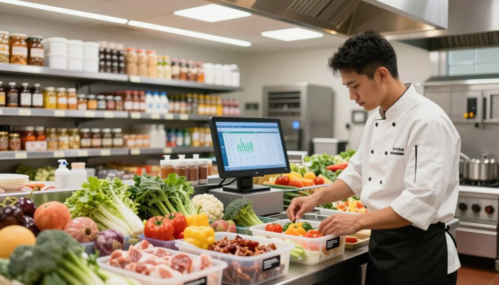 A modern restaurant kitchen showcasing efficient inventory management. In the foreground, a professional kitchen staff member in a crisp chef's uniform meticulously organizing ingredients in labeled bins, surrounded by fresh produce and cooking supplies. In the middle, a high-tech inventory management system displayed on a tablet, with graphs and statistics. The background features large shelves filled with neatly arranged pantry items and equipment, illuminated by bright overhead LED lighting, creating a clean and organized atmosphere. The perspective is slightly angled to highlight the dynamic work environment. The mood is vibrant and focused, conveying optimized operations and attention to detail in back-of-house management.