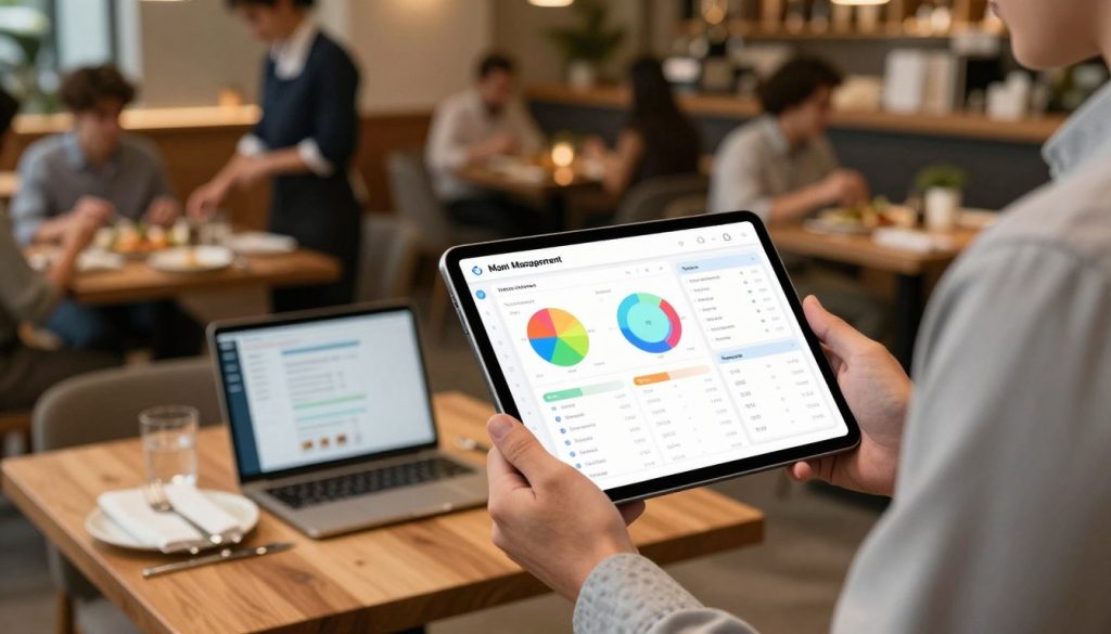 A modern restaurant management software interface displayed on a sleek tablet, held in the hands of a professional manager wearing smart casual attire, standing in a contemporary restaurant setting. In the foreground, the tablet's screen showcases an intuitive dashboard with colorful graphs, reservation schedules, and inventory tracking features. The middle ground features a stylish wooden restaurant table with well-arranged dining elements and a laptop displaying additional software functionalities. In the background, a glimpse of a bustling restaurant ambiance with customers enjoying their meals and staff efficiently attending to tables. Soft, warm lighting enhances the inviting atmosphere, with a shallow depth of field focusing on the tablet while gently blurring the background. The overall mood is one of efficiency and modernity, reflecting the essence of streamlined restaurant operations.