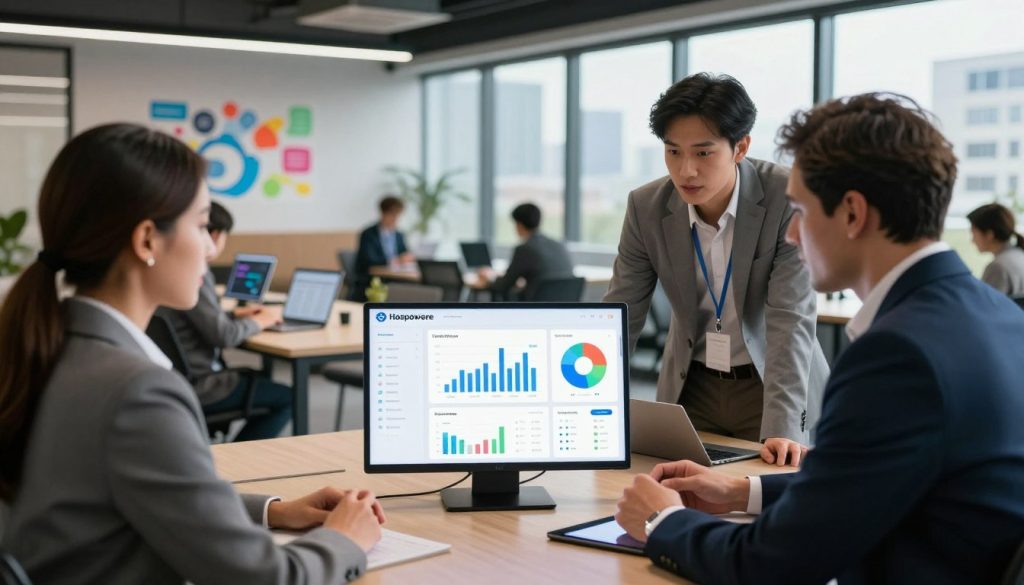 A modern restaurant management technology suite displayed prominently in a sleek, contemporary office. In the foreground, a diverse group of three professionals—two men and one woman—dressed in professional business attire, are engaged in a discussion around a high-tech touchscreen interface showcasing the Hospoware software dashboard, featuring graphs, analytics, and multi-location management tools. The middle ground features stylish desks with laptops, tablets, and vibrant diagrams illustrating key components such as ordering systems, inventory management, and analytics. The background highlights large windows with city views, allowing natural light to flood the space, creating an inspirational and collaborative atmosphere. The overall mood is dynamic and focused, emphasizing innovation in restaurant operations management. The shot is captured from a slight angle, with a shallow depth of field to enhance the subjects' engagement with the technology.