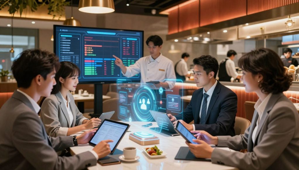 A modern restaurant operations ecosystem, seamlessly connected and dynamic. In the foreground, diverse professionals in smart business attire collaborate around a high-tech table, analyzing data on tablets. The middle ground features a sleek digital interface displaying analytics and workflows, with holographic elements illustrating key components like inventory management, customer insights, and team communication. In the background, a contemporary restaurant setting with vibrant décor and well-organized kitchen staff enhances the environment. Soft, warm lighting casts an inviting glow, highlighting the collaborative atmosphere. The overall mood is energetic and focused, showcasing the integration of technology in enhancing restaurant operations.