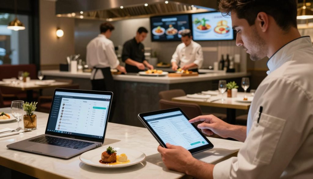 A modern restaurant setting showcasing advanced software solutions. In the foreground, a professional chef interacts with a sleek tablet, displaying menu options and analytics. To the left, a restaurant manager examines a digital dashboard on a laptop, analyzing customer feedback and inventory. In the middle, an open kitchen reveals staff efficiently preparing meals, while displaying screens showing real-time orders. The background features elegantly set tables with tasteful decor, emphasizing a vibrant yet sophisticated atmosphere. Soft, warm lighting creates an inviting ambiance, enhancing the modern technology with a touch of warmth. The scene captures a dynamic setting where technology meets hospitality, reflecting the essence of contemporary restaurant management in Australia.