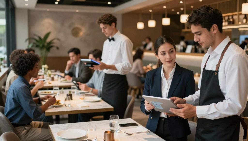 A modern restaurant technology platform in action, focusing on a bustling restaurant environment. In the foreground, a diverse group of professionals in business attire—an innovative restaurant manager and a tech-savvy staff member—discussing data on a tablet. In the middle ground, patrons enjoying a seamless dining experience, with servers efficiently taking orders using handheld devices. The background showcases a stylish restaurant with contemporary décor, soft lighting creating a warm atmosphere. Capture the dynamic energy of a well-coordinated establishment, emphasizing teamwork and modern technology. Use a wide-angle lens for depth, with a soft focus on the background, portraying a vibrant, welcoming environment for diners. The overall mood should convey professionalism, innovation, and efficiency.
