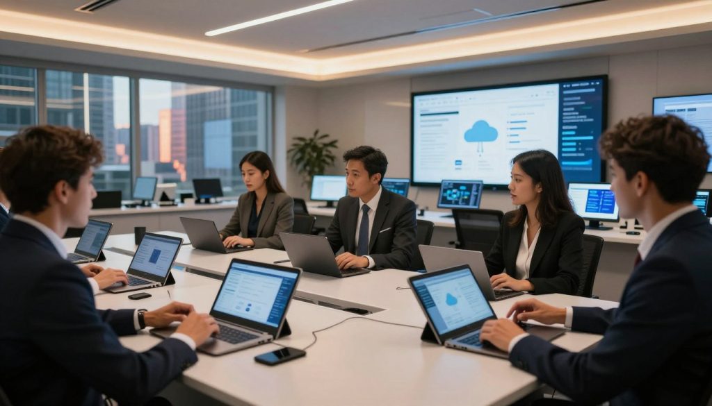 A modern, sleek hospitality technology hub, featuring an array of connected devices like tablets and touchscreens, with a backdrop of a high-tech control room. In the foreground, diverse professionals in business attire are engaged in a collaborative meeting, analyzing data on screens displaying insights from a cloud operations software designed for the hospitality industry. Soft, ambient lighting illuminates the room, casting a warm glow, while large windows showcase a vibrant cityscape in the background. The perspective is slightly angled, emphasizing the interaction among team members and the technological elements surrounding them, creating an atmosphere of innovation and efficiency. A modern, sleek hospitality technology hub, featuring an array of connected devices like tablets and touchscreens, with a backdrop of a high-tech control room. In the foreground, diverse professionals in business attire are engaged in a collaborative meeting, analyzing data on screens displaying insights from a cloud operations software designed for the hospitality industry. Soft, ambient lighting illuminates the room, casting a warm glow, while large windows showcase a vibrant cityscape in the background. The perspective is slightly angled, emphasizing the interaction among team members and the technological elements surrounding them, creating an atmosphere of innovation and efficiency.