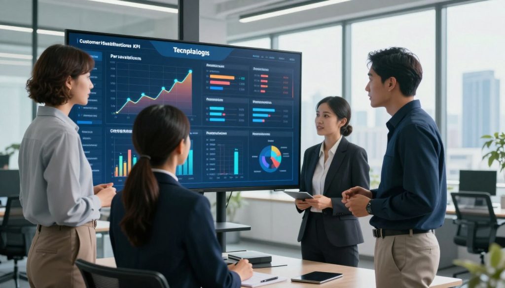 A modern, sleek office setting depicting analytics for hospitality technology KPIs. In the foreground, a diverse group of three professionals in smart business attire—two women and one man—are engaged in discussion around a large digital touchscreen displaying vibrant graphs and charts, symbolizing key performance indicators. In the middle ground, an interactive data dashboard showcases metrics related to customer satisfaction, occupancy rates, and revenue per available room. The background features a large window with a city skyline view, soft natural light flooding the room, creating a productive and optimistic atmosphere. The camera angle is slightly elevated, capturing both the group and dashboard in a dynamic composition, emphasizing collaboration and technological advancement in the hospitality industry.
