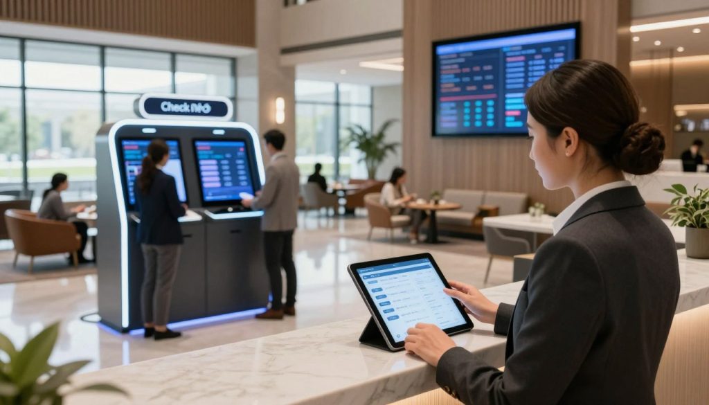 A sleek and modern hotel lobby filled with technology-driven elements that symbolize hospitality software solutions. In the foreground, a professional receptionist in smart business attire is interacting with a digital tablet, showcasing a booking software interface. The middle ground features a virtual check-in kiosk, sleek and futuristic, with satisfied guests engaged in the process. In the background, large windows allow soft natural light to flood the space, highlighting contemporary furniture and an inviting atmosphere. Include LED screens displaying real-time analytics and guest feedback, giving a glimpse of the operational benefits of technology. The overall mood is efficient and welcoming, suggesting innovation seamlessly integrated into hospitality. Use a wide-angle lens to capture the entire scene, ensuring clarity and vibrancy in the details.