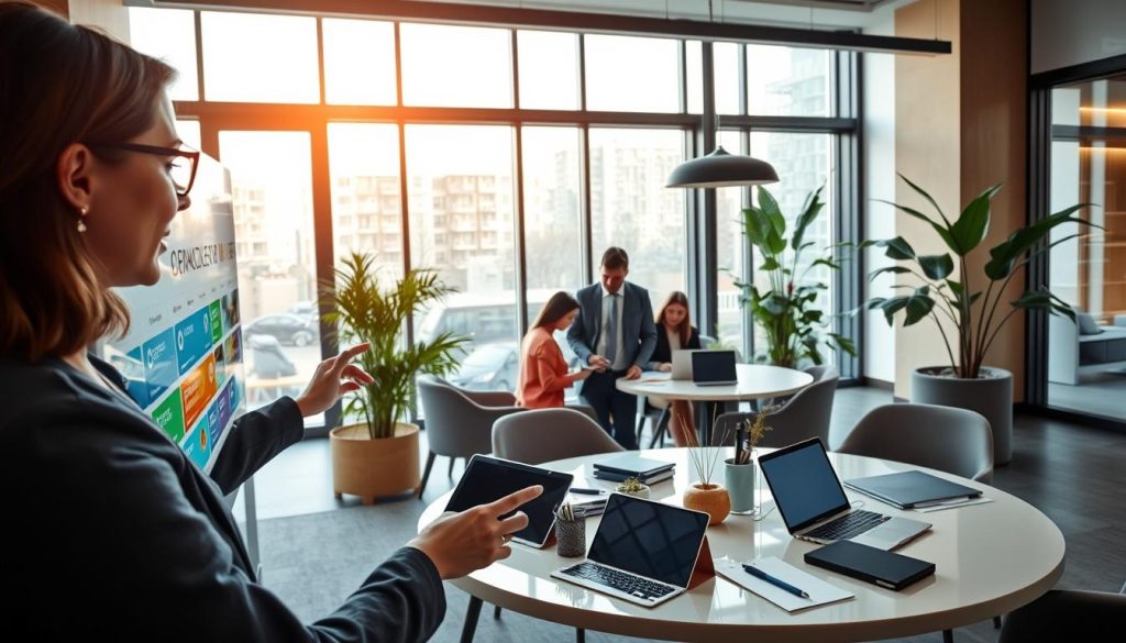 A sleek and modern office setting showcasing hospitality management software in action. In the foreground, a well-dressed professional woman interacts with a large touchscreen displaying colorful, user-friendly software interfaces for booking, customer management, and analytics. In the middle, colleagues collaborate around a stylish, round table scattered with tablets and laptops, analyzing real-time data and stats. The background features large windows allowing natural light to flood in, illuminating a contemporary workspace with plants and minimalistic decor. The atmosphere is vibrant yet professional, emphasizing teamwork and innovation in the hospitality industry. Use soft, warm lighting to create an inviting ambiance, captured with a slightly elevated, wide-angle lens for perspective.