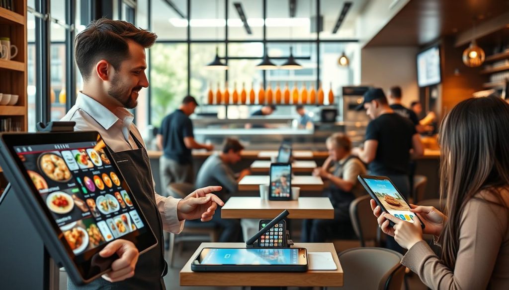 A sleek, modern POS system integrated with digital ordering platforms, set in a contemporary Australian café environment. In the foreground, a professional barista in smart casual attire interacts with a high-tech touchscreen POS terminal, showcasing vibrant menu items. The middle layer features tables with customers using tablets to place orders, with digital display screens showing promotional content in an inviting atmosphere. Soft, warm lighting highlights the cozy interior, while natural light filters through large windows, creating an inviting ambiance. The background showcases a well-organized kitchen visible through glass, with chefs preparing food efficiently, encapsulating the harmony between technology and hospitality in vibrant colors and detailed textures.