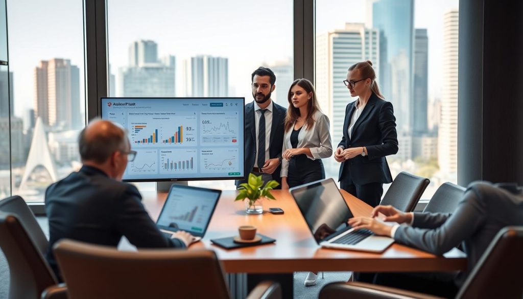 A sleek, modern office setting filled with professionals collaborating over hospitality management software. In the foreground, a diverse group of two men and two women in smart business attire are gathered around a large touchscreen monitor displaying user-friendly software interfaces with data visualizations and graphs. The middle ground features a stylish conference table with laptops and tablets showcasing different hospitality management applications. In the background, large windows reveal a bustling cityscape, with soft natural light providing a bright and inviting atmosphere. The overall mood is one of innovation and teamwork, capturing the essence of how unified ecosystems in hospitality software lead to enhanced efficiency. Use a wide-angle lens perspective to emphasize the collaborative energy of the scene.