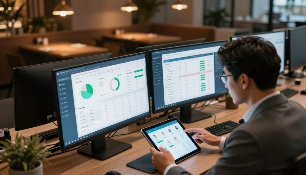 A sleek office environment showcasing modern restaurant management software on multiple digital screens. In the foreground, a professional business person in business attire is interacting with a tablet, analyzing sales data and customer insights. The middle ground features a large monitor displaying an intuitive software interface with graphs, tables, and reservation management tools. In the background, stylish restaurant decor adds ambiance, with soft lighting from pendant lamps casting a warm glow. The atmosphere is dynamic yet focused, capturing the essence of integration in hospitality technology. Use a slightly elevated angle to convey perspective, simulating a bird’s-eye view of the workspace. The color palette should include warm earth tones complemented by cool blue or green highlights for a modern touch. A sleek office environment showcasing modern restaurant management software on multiple digital screens. In the foreground, a professional business person in business attire is interacting with a tablet, analyzing sales data and customer insights. The middle ground features a large monitor displaying an intuitive software interface with graphs, tables, and reservation management tools. In the background, stylish restaurant decor adds ambiance, with soft lighting from pendant lamps casting a warm glow. The atmosphere is dynamic yet focused, capturing the essence of integration in hospitality technology. Use a slightly elevated angle to convey perspective, simulating a bird’s-eye view of the workspace. The color palette should include warm earth tones complemented by cool blue or green highlights for a modern touch.