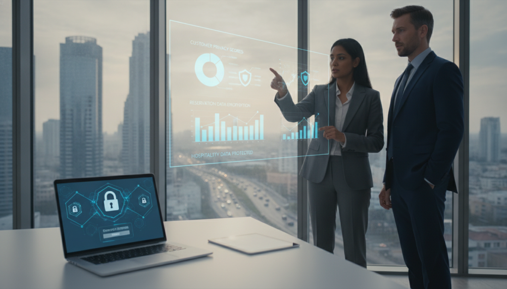 A visually striking office setting focused on hospitality data security. In the foreground, there is a modern desk with a sleek laptop displaying a secure login screen and various data encryption icons. In the middle ground, two diverse professionals in business attire are engaged in a discussion, pointing at data charts related to customer information protection. The background features a large window overlooking a busy urban landscape, with soft, natural light flooding the room, creating a warm yet focused atmosphere. The colors are predominantly blue and gray, conveying trust and security. The scene captures a blend of professionalism and advanced technology, emphasizing the importance of safeguarding hospitality data.