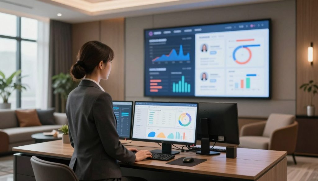 An elegantly designed workspace in a modern hotel management office, showcasing the concept of hospitality SaaS and cloud software. In the foreground, a professional woman in business attire stands confidently at a sleek desk with dual monitors displaying colorful infographics and analytics dashboards. The middle ground features a large digital screen on the wall, showcasing real-time data and charts related to operational efficiency and guest satisfaction. The background displays stylish furniture and decor that reflect a contemporary hotel environment. Soft, natural lighting filters through large windows, creating an inviting atmosphere. The overall mood conveys innovation, professionalism, and strategic advantage in the hospitality industry.