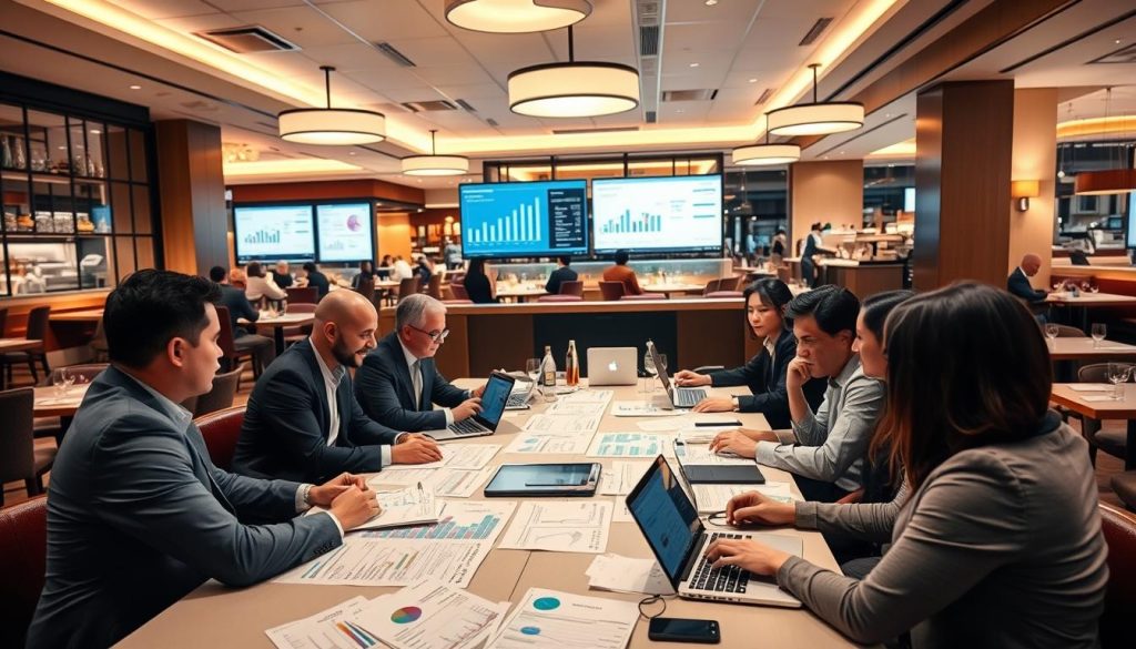 A bustling restaurant operations setting, focusing on staff conducting a labor forecasting meeting around a large conference table filled with charts, spreadsheets, and laptops. In the foreground, a diverse group of professionals in business attire engage in discussion, analyzing data on staffing needs against projected customer influx. In the middle ground, large screens display graphs and analytics related to labor forecasting, illuminated by soft overhead lighting that creates an inviting atmosphere. The background features a well-designed restaurant with stylish decor, showcasing a glimpse of dining areas and kitchen operations, suggesting a seamless blend of planning and service. The mood is focused, collaborative, and optimistic, reflecting the proactive approach to staffing management in the hospitality industry.