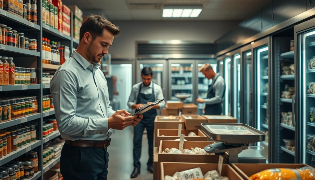 A busy restaurant stocktake scene in a modern kitchen setting. In the foreground, a professional-looking employee in a crisp business shirt and smart trousers checks inventory on a digital tablet, surrounded by neatly arranged shelves of various food items, like spices, canned vegetables, and dry goods. In the middle ground, another team member counts items into a clipboard, while labeled storage bins and weighing scales are visible. The background features large walk-in refrigerators, with soft, warm lighting to create a focused atmosphere of organization and efficiency. The angle captures the hustle and bustle, emphasizing productivity and meticulous attention to detail.