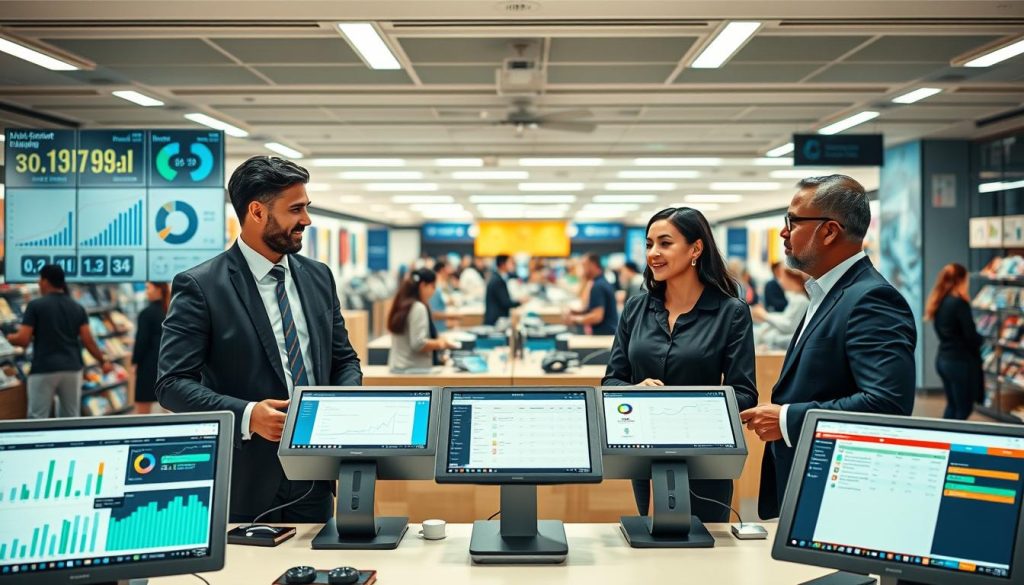 A modern office environment illustrating "EPOS workforce integration." In the foreground, a diverse group of three professionals in formal attire—two men and one woman—are engaged in a discussion, surrounded by digital displays showing graphs, charts, and data analytics related to labor planning. In the middle ground, sleek POS terminals and rostering software interfaces are prominently featured, showcasing seamless data flow and interaction. The background offers a panoramic view of a bustling retail floor, with employees efficiently attending to customers. The lighting is bright and professional, with soft shadows from overhead lights, and the scene is shot from a slightly elevated angle to capture both detail and depth. The mood is one of collaboration and innovation, reflecting the positive impact of technology on workforce management.