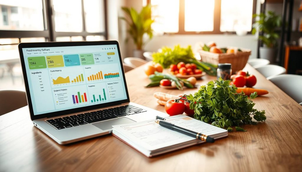 A modern office workspace depicting food inventory software for an Australian restaurant. In the foreground, a sleek laptop showcases a colorful dashboard filled with charts and graphs representing stock levels, ingredients, and order histories. Beside the laptop, a notepad with a pen lies open, containing handwritten notes and checklists. In the middle ground, a stylish wooden table is adorned with fresh produce, such as tomatoes, herbs, and carrots, providing a sense of freshness and inventory relevance. The background features a bright window with natural lighting pouring in, illuminating the space and casting soft shadows. The overall mood is professional yet inviting, embodying the efficiency and organization essential for restaurant management. The image captures the essence of clarity and technology in inventory management.