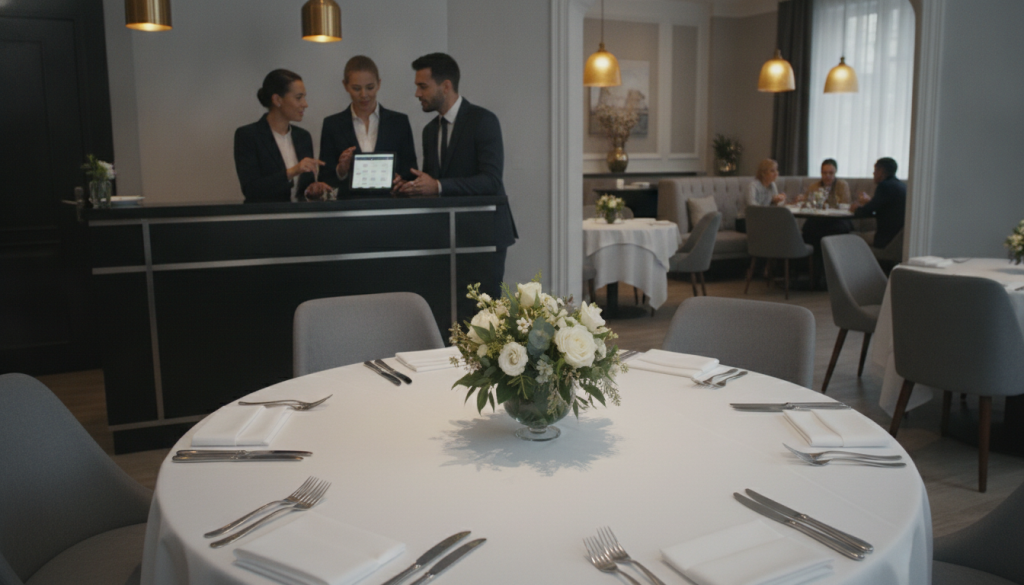 A modern restaurant interior featuring a beautifully set table ready for a reservation service, showcasing elegant tableware and a carefully arranged centerpiece of flowers. The foreground features a white tablecloth draped over a wooden table, with polished silverware and neatly folded napkins. The middle ground includes a group of diverse professionals discussing reservations at a sleek reception desk, dressed in business attire, with a reservation system interface visible on a tablet. The background depicts a cozy dining area with warm overhead lighting, soft ambiance, and customers enjoying their meals. The mood is inviting and professional, highlighting the efficiency of a restaurant booking platform. The scene is captured with a wide-angle lens to encompass the vibrant atmosphere.