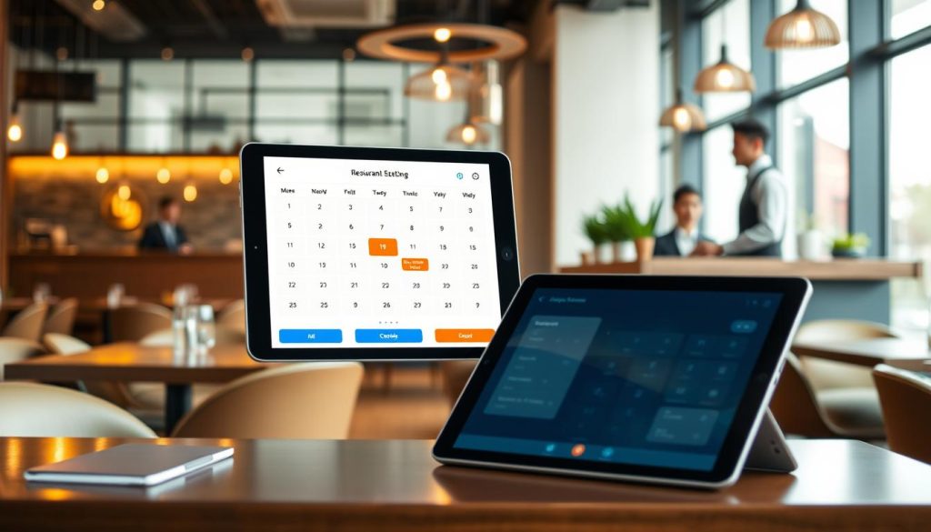 A modern restaurant reservation system interface displayed on a sleek tablet in the foreground, showing a user-friendly booking calendar with available slots highlighted. The middle layer features a stylish, contemporary restaurant interior with warm lighting, elegant wooden tables, and comfortable seating arrangements. In the background, a friendly host in professional attire interacts with customers at the reception, showcasing a welcoming atmosphere. The scene captures a blend of technology and hospitality, emphasizing the essential features of an online booking system. Soft, ambient lighting creates a cozy yet efficient mood, ideal for illustrating modern dining experiences. Shot with a wide-angle lens to encompass both the tech interface and the restaurant environment, focusing on the blend of innovative solutions and customer service in the hospitality industry. A modern restaurant reservation system interface displayed on a sleek tablet in the foreground, showing a user-friendly booking calendar with available slots highlighted. The middle layer features a stylish, contemporary restaurant interior with warm lighting, elegant wooden tables, and comfortable seating arrangements. In the background, a friendly host in professional attire interacts with customers at the reception, showcasing a welcoming atmosphere. The scene captures a blend of technology and hospitality, emphasizing the essential features of an online booking system. Soft, ambient lighting creates a cozy yet efficient mood, ideal for illustrating modern dining experiences. Shot with a wide-angle lens to encompass both the tech interface and the restaurant environment, focusing on the blend of innovative solutions and customer service in the hospitality industry.