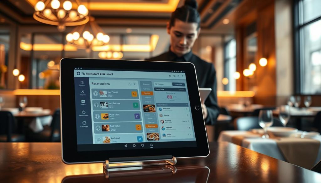 A modern restaurant reservation system interface on a sleek tablet, positioned prominently in the foreground. The tablet displays an elegant, user-friendly app with vibrant icons, showcasing an organized list of upcoming reservations and a digital calendar. In the middle ground, a well-dressed restaurant staff member, wearing a professional black uniform, interacts with the tablet thoughtfully. In the background, a stylish restaurant dining area with cozy lighting, elegantly set tables, and soft, ambient illumination creates a welcoming atmosphere. The scene captures a sense of efficiency and sophistication, emphasizing the seamless integration of technology in managing restaurant bookings. The image is well-lit with a warm glow, shot from a slightly elevated angle to provide a comprehensive view of the scene.