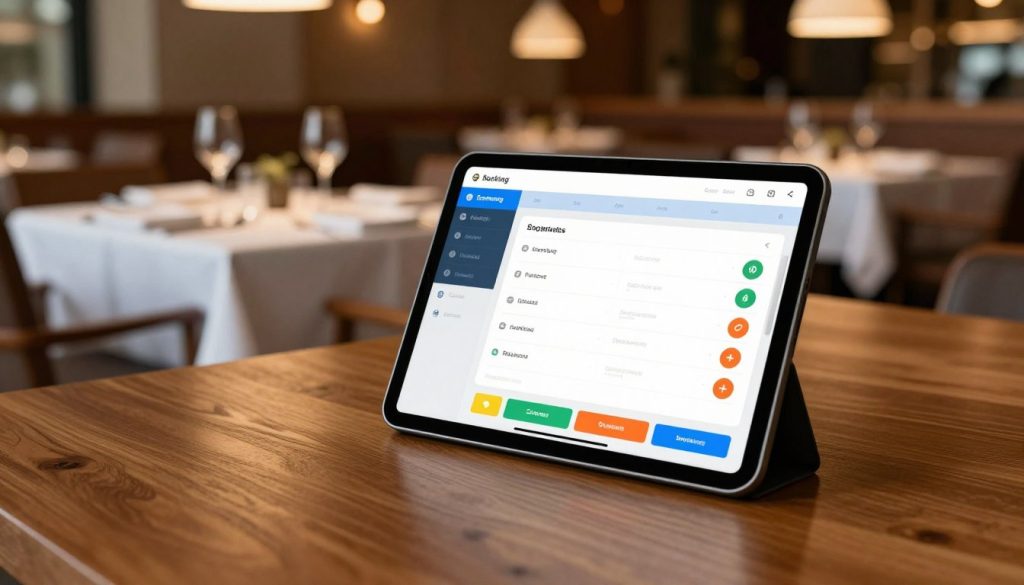 A modern restaurant table booking system interface displayed on a sleek tablet placed on a polished wooden restaurant table. The foreground features the tablet, showcasing a vibrant, user-friendly reservation application with colorful buttons and an organized layout. In the middle, a sophisticated dining environment with elegantly set tables, white tablecloths, and tastefully arranged cutlery, creates an inviting atmosphere. The background features ambient lighting with soft overhead fixtures casting a warm glow, adding to the cozy yet professional vibe of the restaurant. The scene is captured from a slightly elevated angle, giving a comprehensive view of the table setup. The mood conveys efficiency and hospitality, highlighting the integration of technology in optimizing floor management and customer experience.