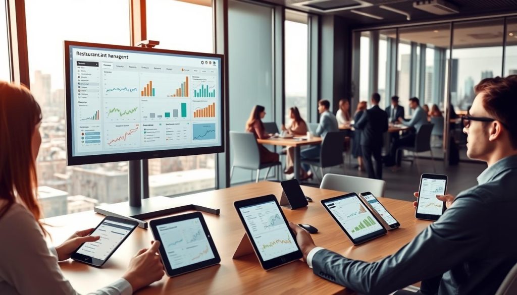 A modern, sleek office workspace featuring a multi-site restaurant management software interface displayed on a large computer monitor at the center of the image. In the foreground, there is a professional person in business attire analyzing restaurant performance metrics, with graphs and charts clearly visible on the screen. Surrounding the workspace are digital devices like tablets and smartphones showing synchronized app screens. In the middle ground, a glass wall separates a meeting room with a diverse team discussing strategies. The background features large windows with a city skyline, illuminated by a warm, natural daylight. The atmosphere is collaborative and energetic, reflecting an advanced technological approach to restaurant management.
