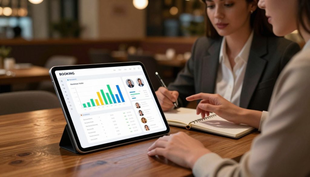 A sleek, advanced booking management tool interface displayed on a modern tablet, set on a stylish wooden restaurant table. In the foreground, the tablet shows vibrant graphs and data analytics, highlighting booking statistics and customer profiles. In the middle ground, a professional businesswoman in smart casual attire consults the tablet, with a focused expression and a notepad beside her. The background features a warm, inviting restaurant ambiance, with dim lighting that casts a cozy glow over stylish decor and soft dining arrangements. The atmosphere exudes a sense of efficiency and technology integration within a hospitality setting. The image captures a moment of productivity and innovation in the restaurant booking process, taken from a slight angle to emphasize depth. A sleek, advanced booking management tool interface displayed on a modern tablet, set on a stylish wooden restaurant table. In the foreground, the tablet shows vibrant graphs and data analytics, highlighting booking statistics and customer profiles. In the middle ground, a professional businesswoman in smart casual attire consults the tablet, with a focused expression and a notepad beside her. The background features a warm, inviting restaurant ambiance, with dim lighting that casts a cozy glow over stylish decor and soft dining arrangements. The atmosphere exudes a sense of efficiency and technology integration within a hospitality setting. The image captures a moment of productivity and innovation in the restaurant booking process, taken from a slight angle to emphasize depth.