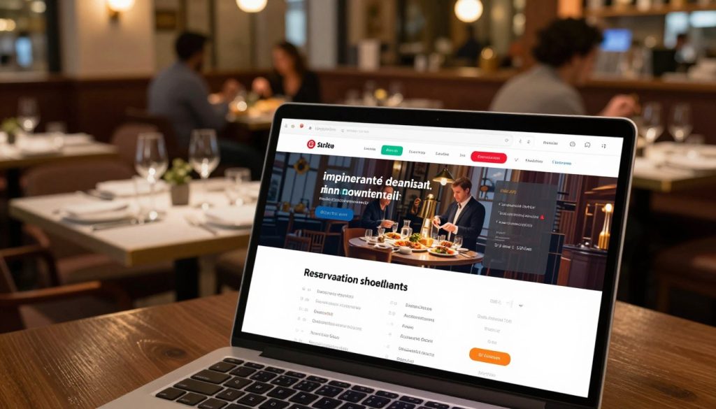A sleek and modern restaurant reservation management software interface displayed on a laptop in the foreground, showcasing colorful data visualizations and user-friendly navigation. The middle layer features a well-organized dining table with elegant settings, suggesting a successful dining experience. In the background, a busy restaurant scene with patrons enjoying their meals, warm ambient lighting enhancing the inviting atmosphere. Capture the image from a slightly elevated angle, ensuring a clear view of both the screen and the restaurant ambiance. The mood should reflect efficiency and sophistication, emphasizing how data insights drive smarter restaurant decisions for improved bookings and elevated guest experiences. No people are required in the foreground, but the overall scene should feel vibrant and engaging.