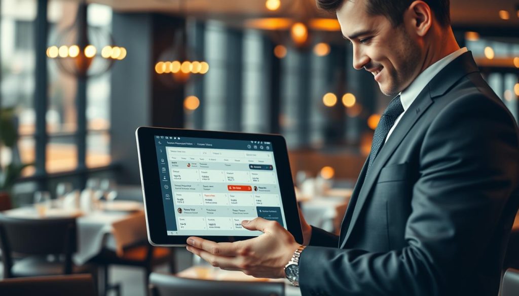 A sleek and modern user interface of table reservation software is displayed prominently in the foreground, featuring intuitive calendar views, reservation slots, and customer profiles. In the middle ground, a professional restaurant manager, dressed in smart business attire, interacts with a tablet, displaying the software. The background reveals a stylish restaurant dining area with elegantly set tables and ambient lighting, emphasizing a welcoming atmosphere. Soft, warm lighting enhances the professionalism of the scene, while a slight depth of field focuses attention on the tablet screen. The overall mood is positive and efficient, illustrating the innovative technology that streamlines restaurant booking processes.