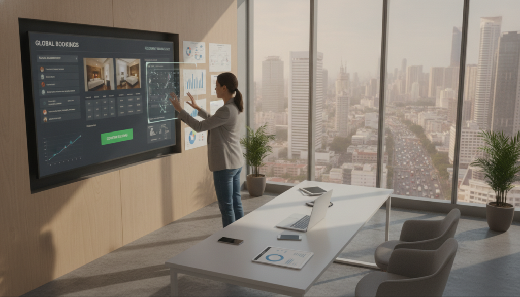A sleek, modern interface of a hospitality booking system displayed on a large computer screen in a bright, airy office environment. In the foreground, a professional businesswoman, dressed in smart casual attire, interacts with the system, showcasing the ease of booking and managing reservations. The middle ground features a sleek desk with a laptop and digital devices, surrounded by charts and diagrams illustrating growth metrics. The background highlights panoramic windows revealing a bustling cityscape, symbolizing a thriving business atmosphere. Soft, natural light floods the scene, creating an inviting and productive mood. The camera angle is slightly elevated, focusing on the dynamic interaction between the user and the interface, capturing the essence of scalable growth through technology. A sleek, modern interface of a hospitality booking system displayed on a large computer screen in a bright, airy office environment. In the foreground, a professional businesswoman, dressed in smart casual attire, interacts with the system, showcasing the ease of booking and managing reservations. The middle ground features a sleek desk with a laptop and digital devices, surrounded by charts and diagrams illustrating growth metrics. The background highlights panoramic windows revealing a bustling cityscape, symbolizing a thriving business atmosphere. Soft, natural light floods the scene, creating an inviting and productive mood. The camera angle is slightly elevated, focusing on the dynamic interaction between the user and the interface, capturing the essence of scalable growth through technology.