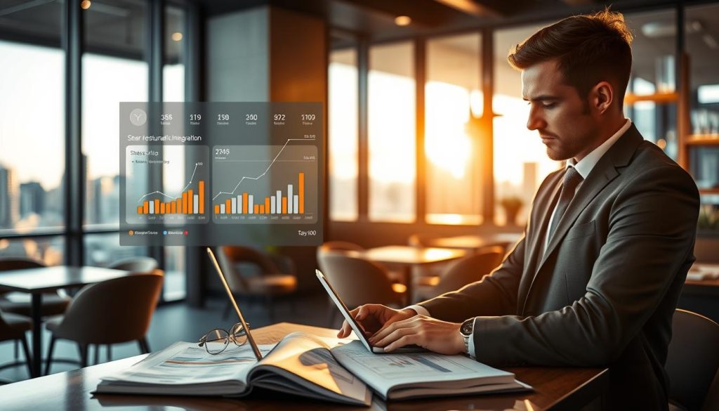 A sleek, modern office setting that emphasizes hospitality accounting integration software for Australian restaurants. In the foreground, a focused professional in business attire, analyzing financial data on a laptop, surrounded by open notebooks and charts. The middle layer showcases a digital dashboard displaying graphs and statistics related to restaurant finances, with icons representing seamless software integration. The background features a stylish office with a window showcasing an urban Australian skyline. Soft, natural lighting streams through, creating a warm and inviting atmosphere, complemented by a slightly blurred depth of field. The overall mood is one of professionalism and efficiency, capturing the essence of modern accounting solutions in the hospitality sector.