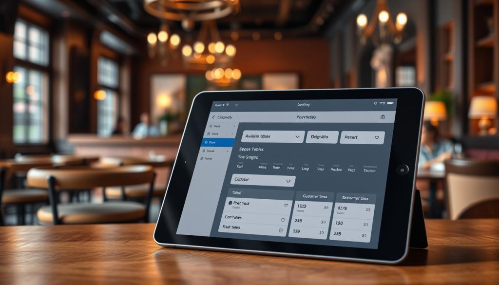 A sleek, modern restaurant booking system interface displayed on a digital tablet resting on a wooden table. In the foreground, the tablet shows a user-friendly design with an intuitive layout of available tables, reservation times, and customer details. The middle ground features a cozy restaurant ambiance with stylish furniture, elegant lighting fixtures, and warm colors, creating an inviting atmosphere. In the background, a blurred view of diners enjoying their meals adds to the lively setting. Soft, natural lighting enhances the scene, casting gentle shadows. The overall mood is professional yet relaxed, showcasing the benefits of a sophisticated booking system in a vibrant dining environment.