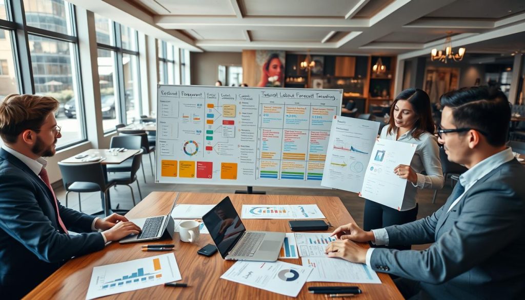 A visually engaging and informative scene depicting a "Restaurant Labour Forecasting Guide." In the foreground, a diverse group of three professionals—two men and one woman—dressed in smart business attire, collaborate around a large wooden table covered with a laptop, charts, and graphs showing staffing levels and forecasts. In the middle, a large whiteboard filled with colorful planning notes and strategic timelines illustrates a comprehensive labour forecasting system. In the background, a well-designed, modern restaurant environment is visible, featuring dining tables and elegant decor, conveying a thriving business atmosphere. Soft, natural lighting filters through large windows, enhancing the professional yet inviting mood of the scene. A slight angle from above provides a clear view of the collaborative process, showcasing teamwork and strategic planning without any text or branding elements.