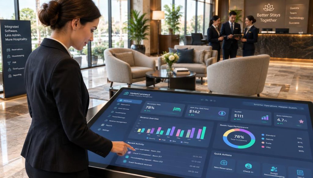 A modern hospitality management system interface displayed on a sleek, large touchscreen table in a cozy hotel lobby. In the foreground, a professional woman in business attire interacts with the touchscreen, showcasing colorful graphs and charts of key performance indicators. The middle ground features elegant furniture, including minimalist chairs and a tasteful coffee table with a small vase of fresh flowers. Soft natural light filters in through large windows, creating a warm and inviting atmosphere. In the background, hotel staff can be seen discussing, wearing matching uniforms that represent teamwork and efficiency. The scene reflects a harmonious blend of technology and hospitality, emphasizing the theme of interconnected software reducing administrative burdens in the hospitality industry.
